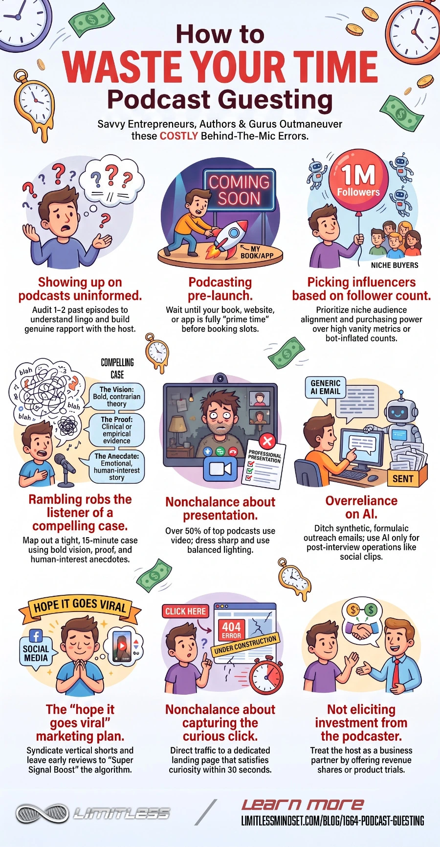 How to WASTE YOUR TIME podcast guesting: Savvy Entrepreneurs, Authors & Gurus Outmaneuver these COSTLY Behind-The-Mic Errors podcast guesting infographic